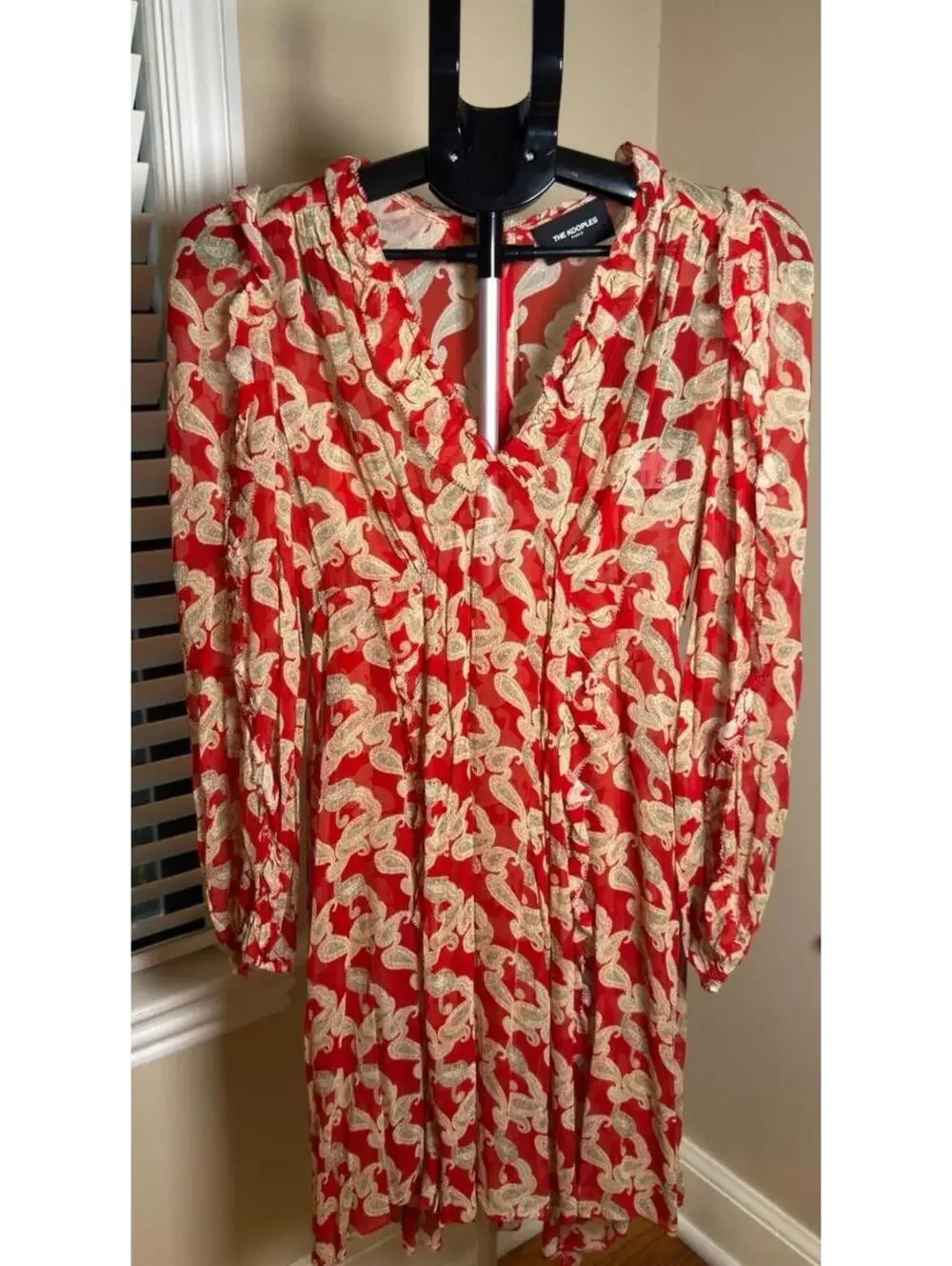 The Kooples Paris Red Paisley Ruffle Mini Dress Size 1 NWT Sheer Long Sleeve $42